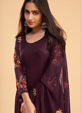 Flower Design Salwar Suit in Wine